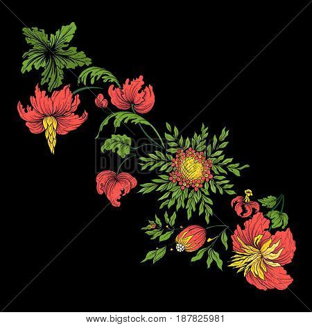 Embroidery for the collar line. Floral ornament in vintage style on a black background. Stock vector illustration.