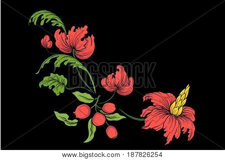 Embroidery for the collar line. Floral ornament in vintage style on a black background. Stock vector illustration.