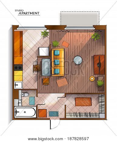 Vector top view architectural floor plan of modern and comfortable studio apartment which combines living room, bedroom and kitchenette with furniture.