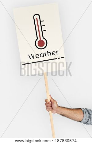 Hand holding banner network graphic overlay