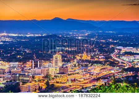 Roanoke, Virginia, USA downtown skyline at dusk.