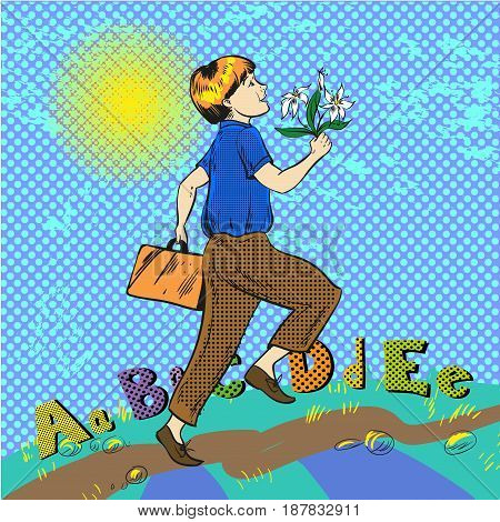 Vector illustration of schoolboy with bunch of flowers skipping along the road to school. Happy spring morning design element in retro pop art comic style.