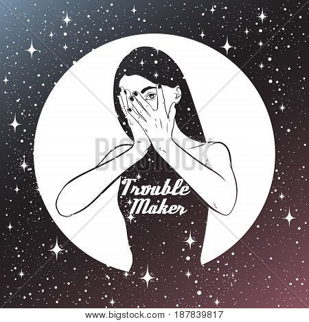 Vector hand drawn surreal illustration of woman with space instead of body and inscription 