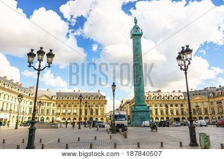 Paris France - May 2 2017: Place Vendome square with blue sky and cloudy on May 2 2017 in Paris France.