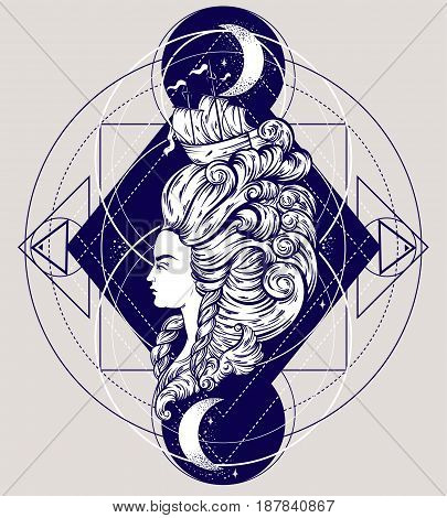 Vecor illustration of woman head with beautiful hairstyle with ship and waves. Tattoo artwork in baroque style. Realistic portrait of queen. Template for card poster banner print for t-shirt.
