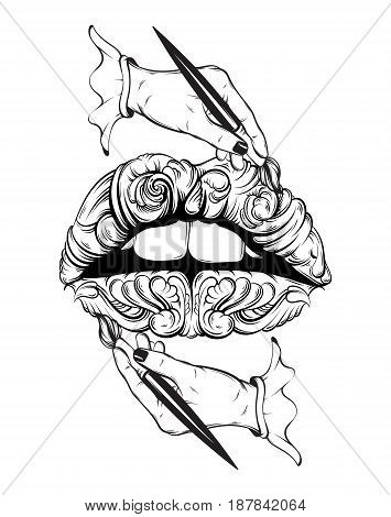 Vector hand drawn illustration of woman hand holding artistic brush and baroque surreal lips. Template for card poster banner print for t-shirt.