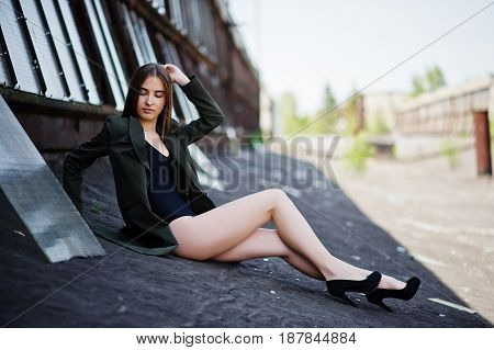 Sexy Model Girl Wit Long Legs At Black Lingerie Outfit Body Swimsuit Combidress And Jacket Posed At