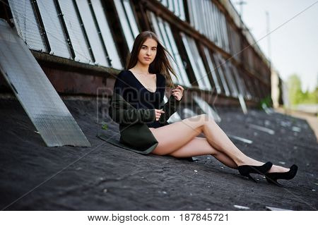 Sexy Model Girl Wit Long Legs At Black Lingerie Outfit Body Swimsuit Combidress And Jacket Posed At
