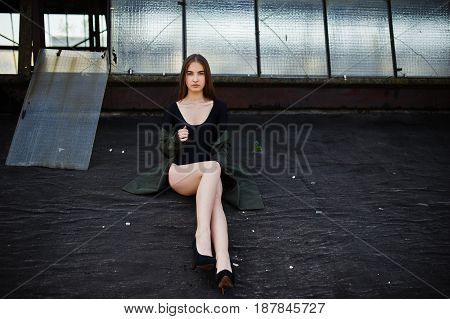 Sexy Model Girl Wit Long Legs At Black Lingerie Outfit Body Swimsuit Combidress And Jacket Posed At