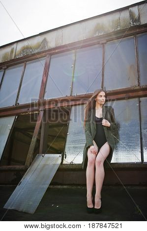 Sexy Model Girl Wit Long Legs At Black Lingerie Outfit Body Swimsuit Combidress And Jacket Posed At