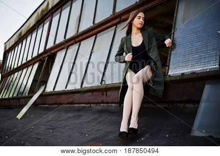 Sexy Model Girl Wit Long Legs At Black Lingerie Outfit Body Swimsuit Combidress And Jacket Posed At