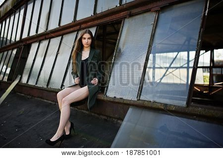 Sexy Model Girl Wit Long Legs At Black Lingerie Outfit Body Swimsuit Combidress And Jacket Posed At