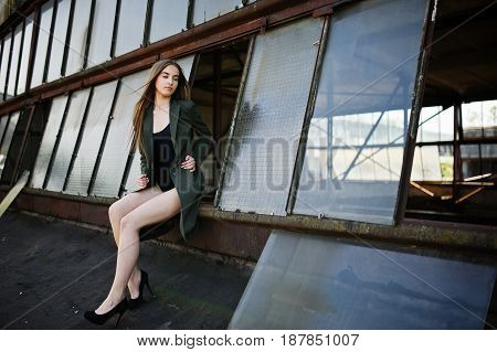 Sexy Model Girl Wit Long Legs At Black Lingerie Outfit Body Swimsuit Combidress And Jacket Posed At