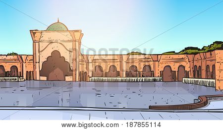 Nabawi Mosque Building Muslim Religion Ramadan Kareem Holy Month Vector Illustration