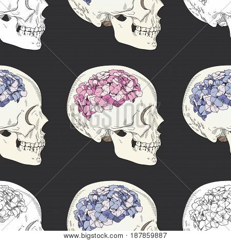 Vector seamless patterns with female skulls and colorful flowers. Brains in form of hydrangea and women's heads isolated on dark grey background