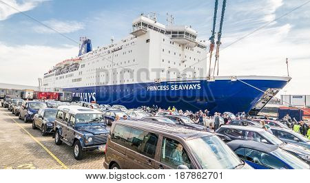 IJMUIDEN, NETHERLANDS - May 14 2017: DFDS car ferry Princess of Seaways getting ready to transport vehicles to Newcastle