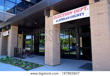 KALISPELL, MONTANA, USA - May 23, 2017: Banner hangs above the doorway of the Flathead County Election Department to advertise the department'??s location during election season.