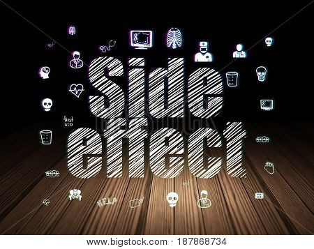 Medicine concept: Glowing text Side Effect,  Hand Drawn Medicine Icons in grunge dark room with Wooden Floor, black background
