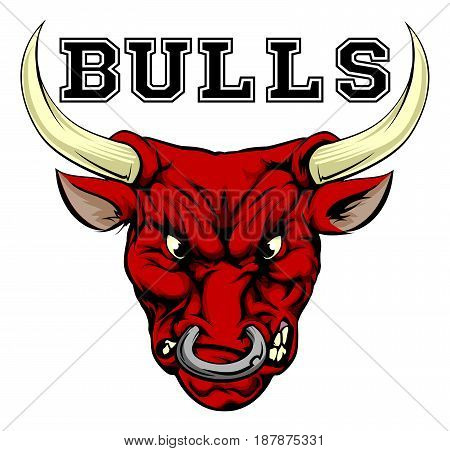 An illustration of a bull sports mascot head with the word bulls