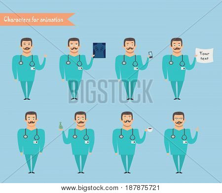 Smart doctor presenting in various action. character design. doctor and healthcare concept - vector illustration - stock vector