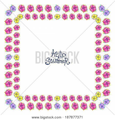 Floral frame with colorful exotic flowers. Nature square hand drawn border on white background. Vector decoration. Good for greeting cards and invitations.