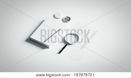 Book presentation design mockup elements 3d rendering. Blank objects mock ups bookish store presenting template. Bookshop branding identity set. Empty wobbler business cards pin textbook.