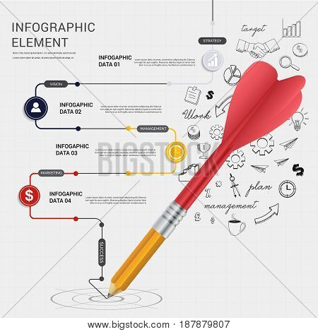 Pencil dart writing line arrow to dartboard goal.Business infographic options.can used for banner diagram workflow and web design layout presentation templates background.Vector illustration.
