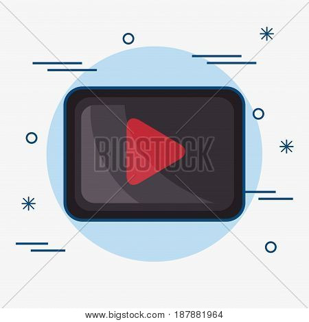 A black and red play icon over blue and white background.