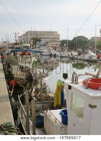 Fishing boats moored at the port of Cesena