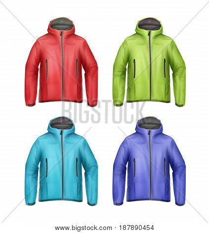 Vector set of blue, green, red, turquoise softshell unisex sport jackets with hood front view isolated on white background