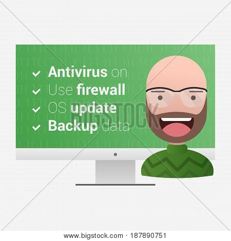Virus protection measures. Satisfied user on a computer background with a green background. Editable eps10 Vector. Transparent background.