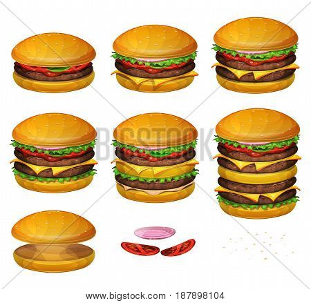 Illustration of a set of various sized burgers with combinations from classic hamburger to super giant burger