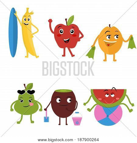 Cute characters fruit cartoon isolated vector illustration. Funny banana Apple apricot pear kiwi and watermelon. Happy smiling emoticon face with open mouth a comical fruit mascot