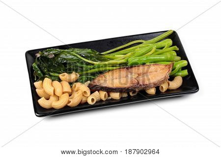 Fried Chinese Kale And Macaroni With Deep-fried Dried Salted Sea Fish.