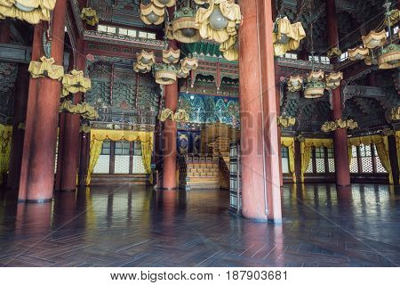 The antique  kings throne at Injeongjeon Hall of Changdeokgung Palace. Seoul