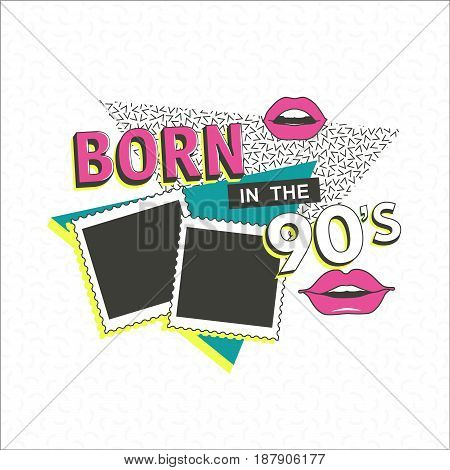 Template memphis poster with photo frame, lips and geometric ornaments elements. Back to the 90 s. Vector background in trendy 80s-90s.