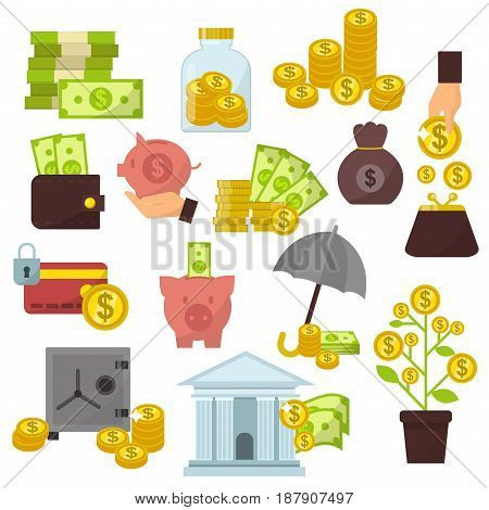 Set of flat design concept money icons for finance banking online payment dollar commerce vector illustration. Investment symbol buck cash note gold coins pictogram development services