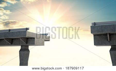 Two half of the bridge on the background of a beautiful sunrise or sunset. Business concept