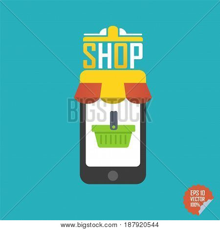 Smartphone Icon With Shop Logo And Awning. Illustration For Website Or Mobile Application.