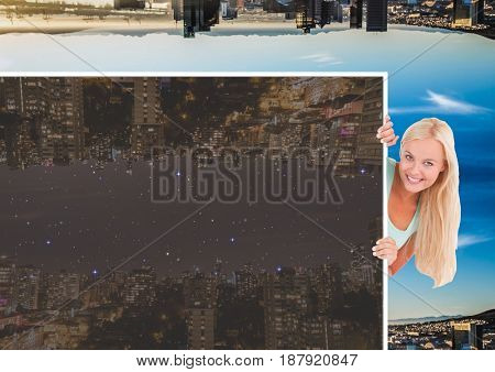 Digital composite of up side down city during the day and girl taking away the night