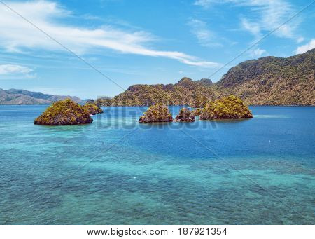 Aerial view of small islands in Coron Bay. Palawan May 2017