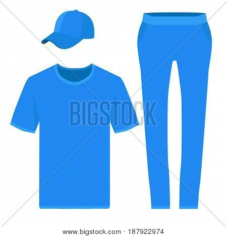 Blue t-shirt, baseball cap and pants design templates. Vector illustration isolated on white background.