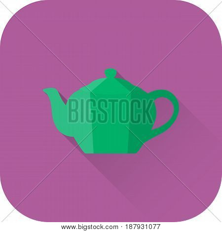 Teapot icon. Flat design with long shadow. Vector. Green kettle isolated on purple background.