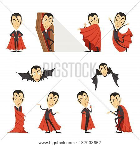 Count Dracula wearing red cape. Set of cute cartoon vampire characters vector illustrations isolated on a white background