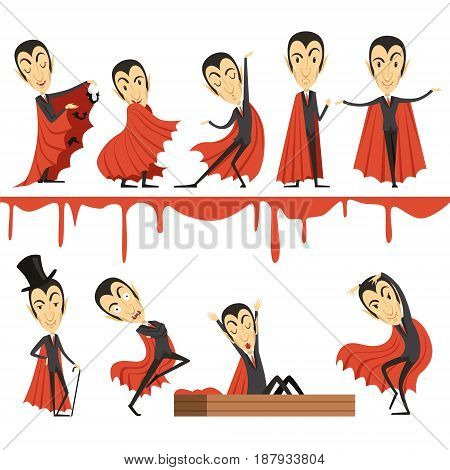 Cartoon Count Dracula wearing red cape set. Vampire characters vector illustrations isolated on a white background