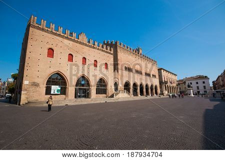 RIMINI, ITALY - 13.04.2017: Facade of Rimini City Hall with statue on Cavour square in Rimini Italy