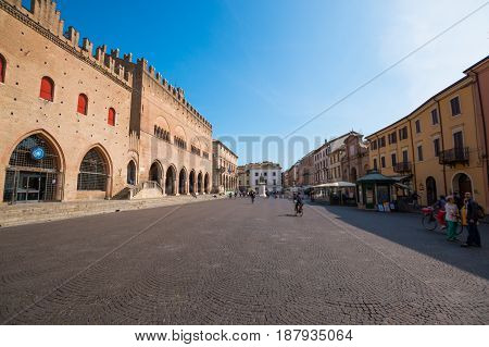 RIMINI, ITALY - 13.04.2017: Facade of Rimini City Hall with statue on Cavour square in Rimini Italy