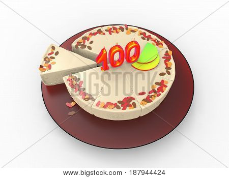 3d illustration of cake with 100 on top. white background isolated. icon for game web.
