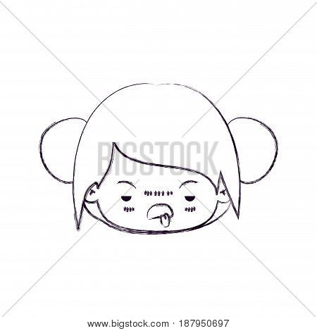 monochrome blurred silhouette of facial expression unsavory kawaii little girl with collected hair vector illustration