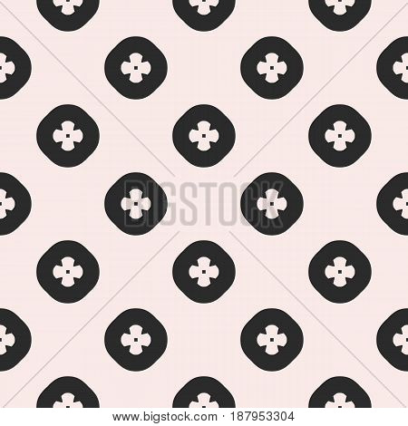 Vector seamless pattern, geometric floral texture. Simple geometrical flowers in circles. Modern abstract background repeat tiles. Symmetric design element for prints, embossing, fabric, furniture